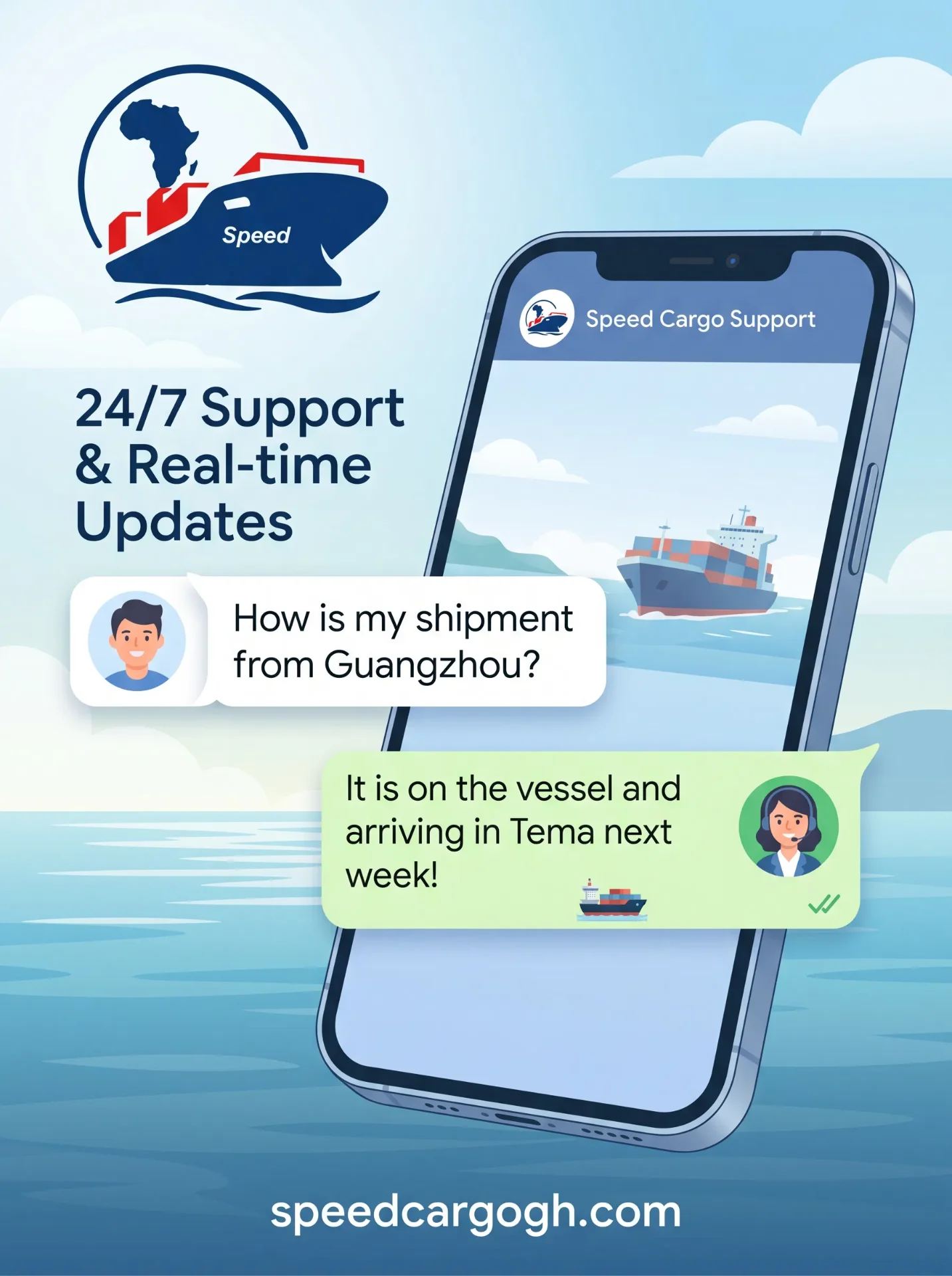 Speed Cargo 24/7 support — real-time WhatsApp shipment updates