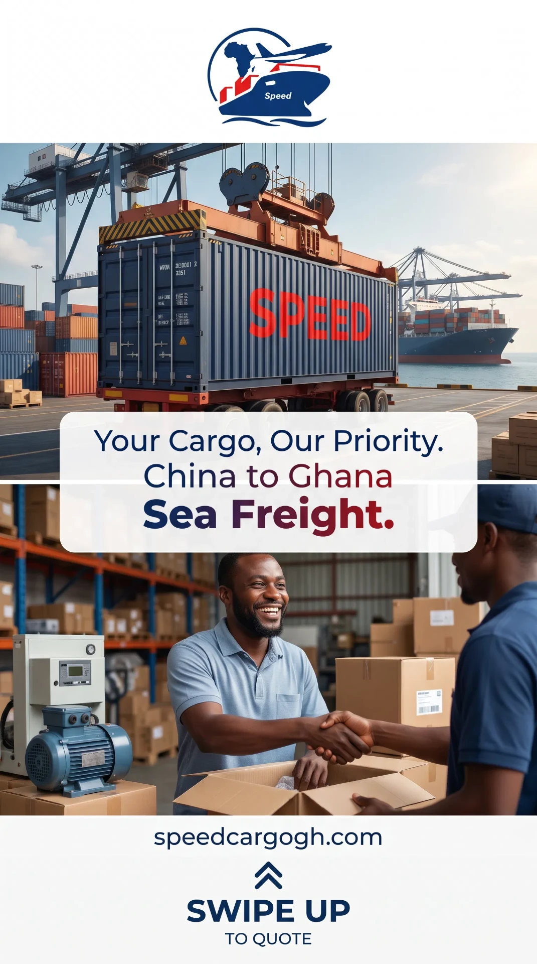 Speed Cargo container loading at port — China to Ghana sea freight