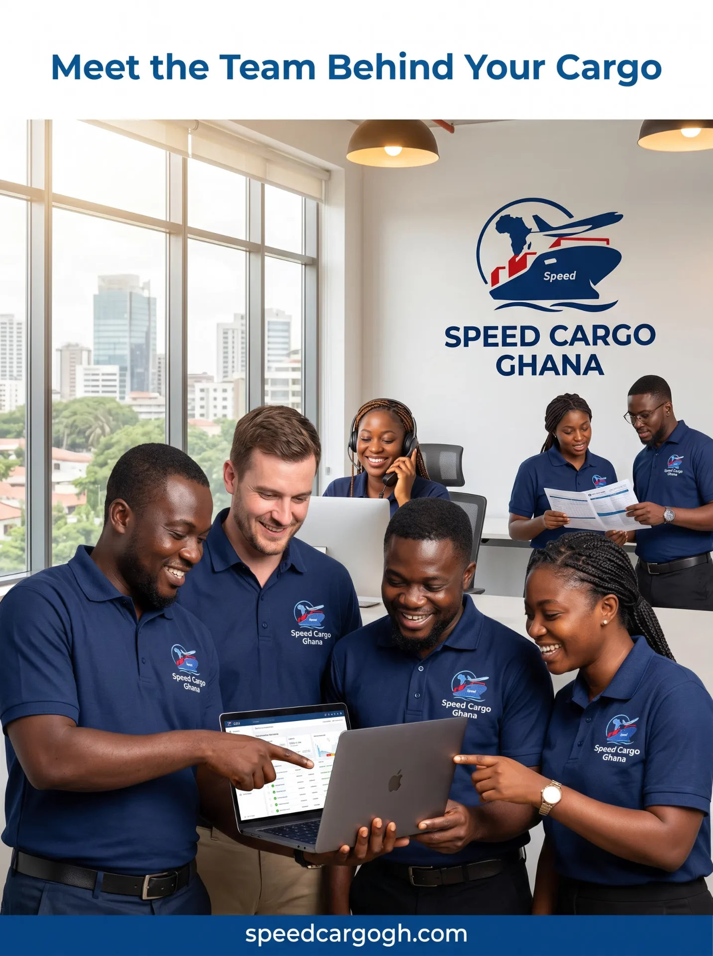 Speed Cargo Ghana team in branded polos reviewing a shipment dashboard