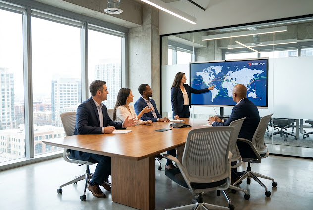 Speed Cargo team reviewing global lane map in the boardroom
